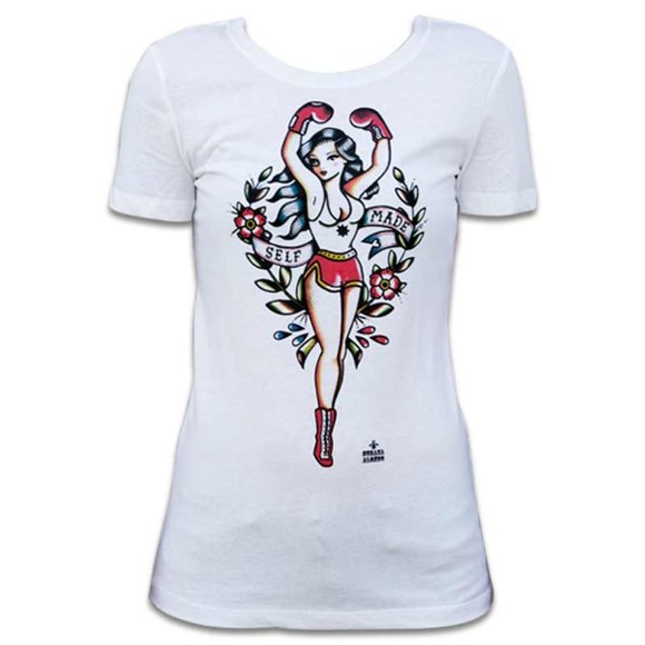 Women's Sexy Boxer Gal Artwork White Soft Cotton Graphic Tee S-XXL NWT - Picture 1 of 4